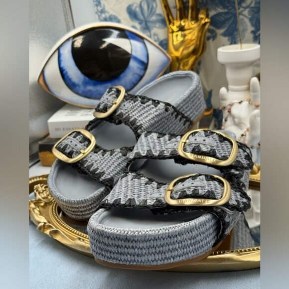 🆕 LOEFFLER RANDALL 🧿 NWOB Theo Embroidered Raffia Platform Sandal, Blue Sz 7.5 - Picture 7 of 14